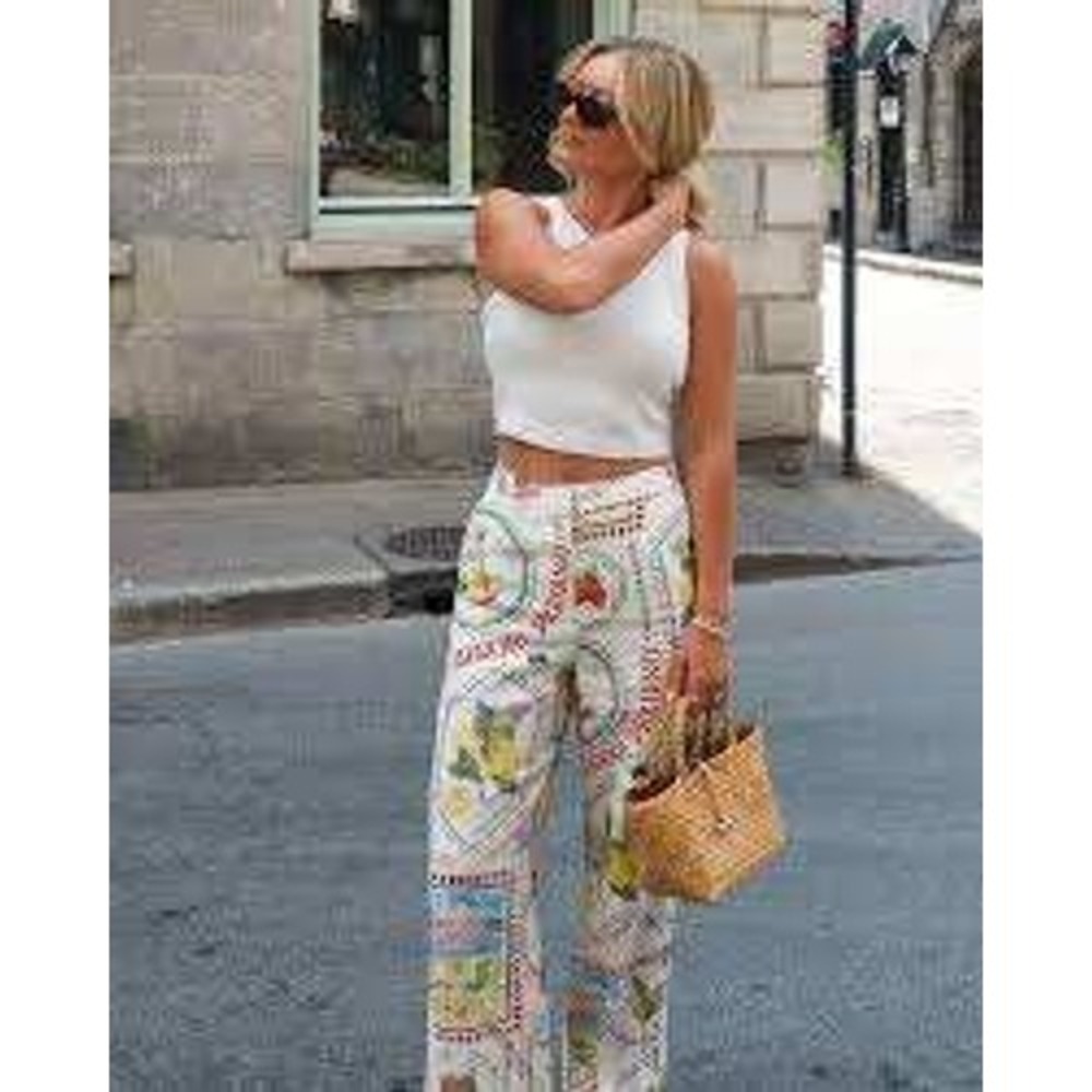 NWT Rachel‎ Zoe Paris Sao Paulo Baguette Print Wide Leg Pants Size M